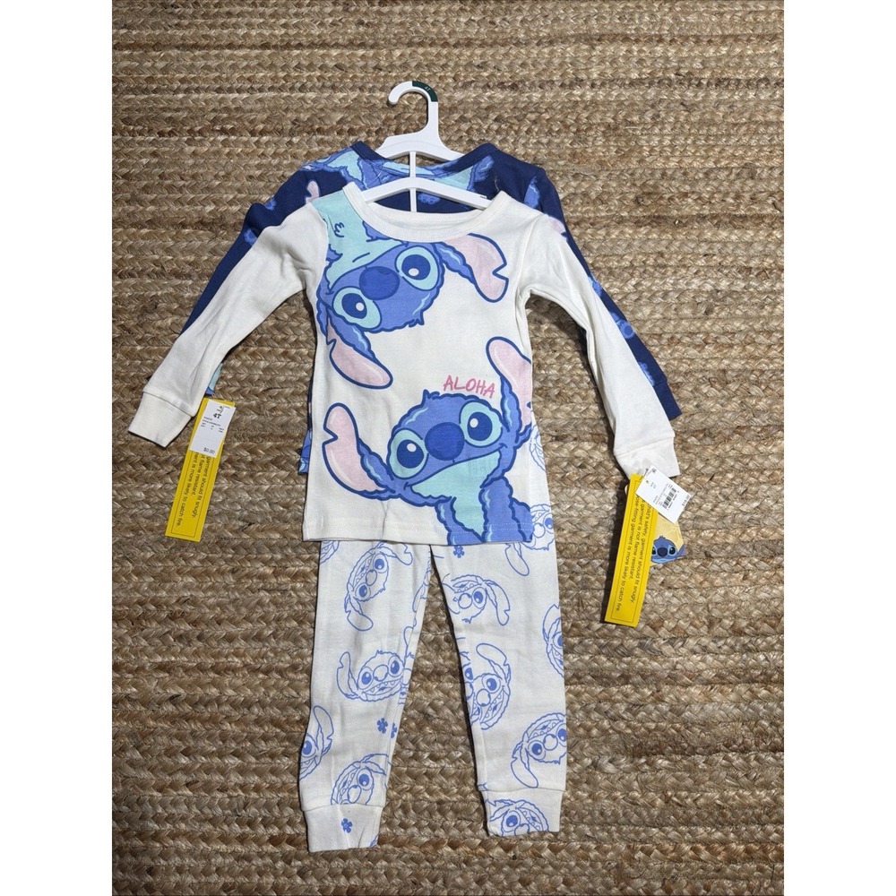 Disney Stitch Pajamas Kids 4T 4 Piece Set Cotton Sleepwear Navy White Unisex